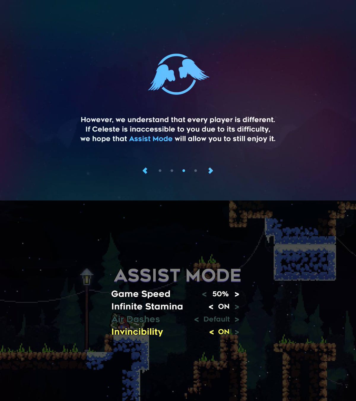 A screenshot of Celeste's assist mode. It reads, "However, we understand that every player is different