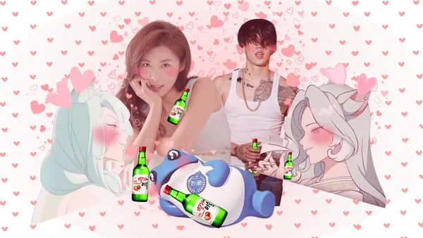 Sexy soju mascots surrounded by hearts and soju bottles.