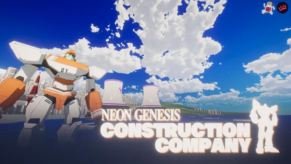 A giant robot stands in front of a city next to the game’s title and logo.